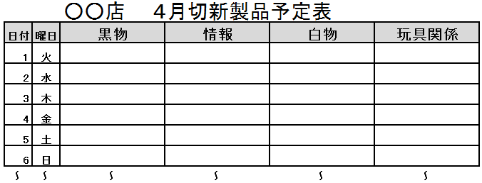 新製品予定表